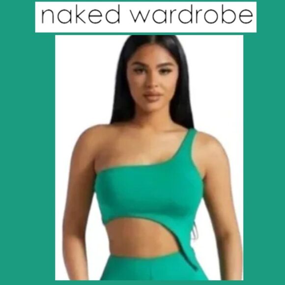NWT Naked Wardrobe Green One Shoulder Cropped Top - Picture 1 of 11